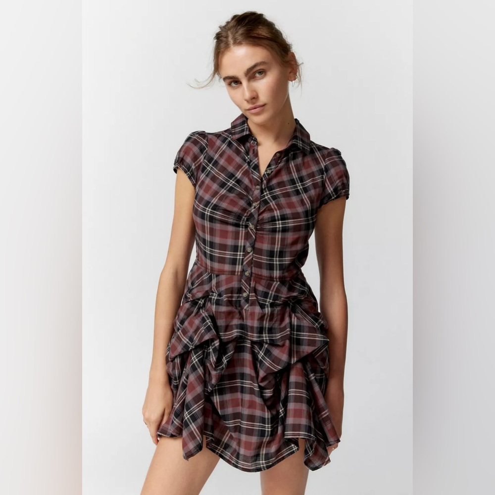 BDG Urban Outfitters Max Plaid Ruched Mini Dress with Puff Sleeves